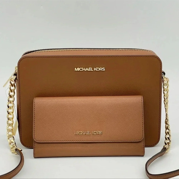 Michael Kors EW Crossbody Bag & Trifold Wallet Luggage BrownBUNDLE DEAL